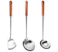Littlecatch Wok Spatula and Ladle, Kitchen Utensil Set Skimmer Ladle Tool Set, 17Inches Spatula for Wok, 304 Stainless Steel Soup Ladle Set with Long Heat Wood Handle