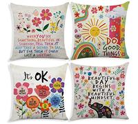Littlefa Set of 4 Colorful Flowers It's OK Inspirational Quotes Throw Pillow Cover,Cushion Case for Girls Women Sofa Couch Bed Bedroom Decor, Inspirational Gifts for Girls Women Friends 18" x 18"