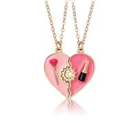 LittleFathand 2 Pcs BFF Matching Heart Necklaces for women Pink Enamel Makeup Brush Lipstick Split Pendant Set Gold Tone Cute Birthday Jewelry Friendship Gift for, Zinc, No Gemstone