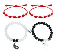 LittleFathand 4Pcs Heart Couple Bracelets for Women Men Yin Yang Matching Bracelet Beaded Adjustable Lucky Red Rope Bracelet Couple Jewelry Gift