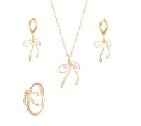 LittleFathand Bow Necklace Earrings Ring Set Bow Knot Huggie Earrings Cubic Zirconia Knot Pendant Necklace for Women Teen Birthday Jewelry Gift, Zinc, No Gemstone