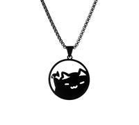 LittleFathand Cute Black Cat Necklace for Women Men Cartoon Funny Cat Pendant Necklace Geometric Round Kitty Animal Choker Necklace Halloween Jewelry Gift, Stainless Steel, No Gemstone