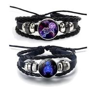 LittleFathand Zodiac Signs Spirit Bracelet for Women Men Multilayer Constellation Leather Wrap Bracelet Couple BFF Bracelets Birthday Gift 2Pcs Set, Faux Leather, glass