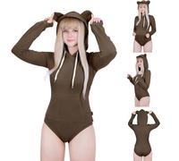 LittleForBig Cotton Romper Onesie Pajamas Hoodie Bodysuit - Cozy Bear Hoodie Sweatshirt Onesie Brown XL
