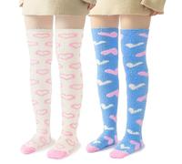LittleForBig Cute Coral Fleece Knee High Long Heart Pattern Socks 2 Pairs Set - Blue & White