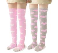 LittleForBig Cute Coral Fleece Knee High Long Heart Pattern Socks 2 Pairs Set - Grey & Pink
