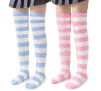 LittleForBig Cute Coral Fleece Knee High Long Striped Socks 2 Pairs Set - Blue & Pink