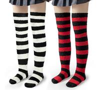 LittleForBig Cute Coral Fleece Knee High Long Striped Socks 2 Pairs Set - Red & White