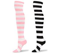 LittleForBig Cute Knee High School Girl Long Striped Socks 2 Pairs - Pink and Black