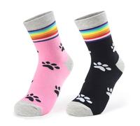 LittleForBig Rainbow Cuff Kitten Paw Cotton Mid Crew Socks 2 Pairs Set - Pink Black Paw & Black White Paw