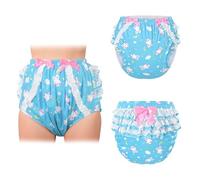 LittleForBig Silky Washable Reusable Waterproof Ruffled Lace Bow Snuggle Bunny Pattern Ruffle Adult Diaper Cover Blue M