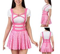 LittleForBig Sissy Doll Overall Jumper Skirt with Removable Heart Ring Chest Harness, Adjustable Elastic Straps, A-Line Pleated Silky Mini Dress Pink S