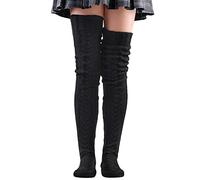 LittleForBig Thigh High Boot Socks Extra Long Over The Knee Cable Knitted Stockings - Black 85 cm