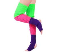 LittleForBig Thigh High Bright Color Blocked Novelty Knit Stacked Extra Long Over The Knee Knitted Stirrup Stockings - Green & Red & Purple