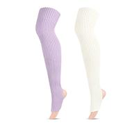 LittleForBig Thigh High School Girl Boot Socks Extra Long Over The Knee Knitted Stirrup Stockings 2 Pairs - White/Purple