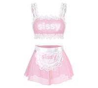 LittleForBig Unisex Adjustable Lacy Strap Sleepwear Mesh Lingerie Loungewear Sissy Maid See-through Bralette Skirted Panties Set with Detachable Apron Pink L