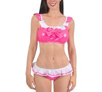 LittleForBig Unisex Metallic Rave Faux Leather Shiny Frill Ruffled Sleeveless Backless Bikini Briefs Latex-like Sissy Doll 2-Piece Bralette Set Pink XL