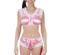 LittleForBig Unisex Pullover Silky Satin Shiny Lacy Frill Ruffled Crop Top and Shorts Lingerie Loungewear Sissy Bralette Set Pink L