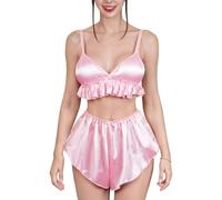 LittleForBig Unisex Silky Satin Frill Ruffled Bralette and Shorts Lingerie Set Soft Strap Loungewear Sissy Doll French Bralette Set Pink XL