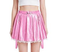 LittleForBig Women A-Line Pleated Sparkle Metallic Flared Casual Lace Trim Mini Skirts - Troublemaker Pink XXL