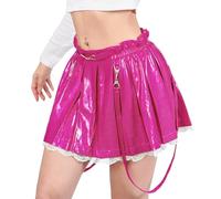 LittleForBig Women A-Line Pleated Sparkle Metallic Flared Casual Lace Trim Mini Skirts - Troublemaker Hot Pink M
