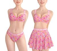 LittleForBig Women High Waisted Elastic Mini Skirt Bralette Panty 3 Pieces Set Plus Size Friendly - Usagi Sporty Bralette Skirt Set Pink XL