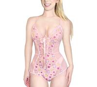 LittleForBig Women Nightwear Mesh Lace V Neck Usagi One Piece Baby Doll Lingerie Bodysuit XS