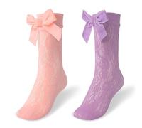 LittleForBig Women's Lace Flowers Velour Bow Frilly Ankle Socks 2 Pair Set - Purple & Pink