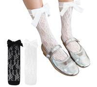 LittleForBig Women's Lace Flowers Velour Bow Frilly Ankle Socks 2 Pair Set - White & Black