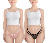 LittleForBig Women's Mesh Underwear Delilah Two Strap Style 2 Pack Bow-Back luxury lingerie Thong XL Black/Pink
