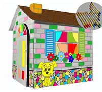Littlefun Kid's Foldable Premium Corrugated Cardboard Playhouse Kit Child Outdoor Indoor DIY Painting Imagination Toy Play House Markers Included(Cartoon Cottage)