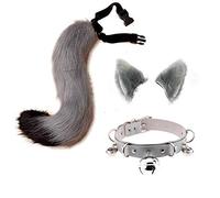 LittleLuluda Faux Fur Cat Ears Hair Clip Furry Wolf Fox Long Tail Costume Halloween Party Neck Chocker Cosplay Set, Grey-black, One Size