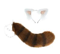 LittleLuluda Faux Fur Red Panda Ears Tail Furry Halloween Party Cosplay Set Costume Fancy Dress Props (Transparent belt, with plastic plate), Brown, One Size