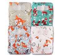 Littles & Bloomz, Reusable Pocket Cloth Nappy, Fastener: Hook-Loop, Set of 4, Patterns 408, with 8 Bamboo Inserts
