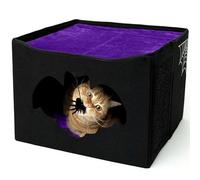 Littlesy Gothic Cat Bed, Foldable Halloween House, 17x17x12.8, Bat-Shaped Entry, Spider Toy, Scratch Pad, Soft Cushion, Black and Purple