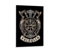 LITTPU Viking Shield Poster Art Valhalla Wall Decor Norse Mythology Print Axe And Shield Design Nordic Home Decoration Fantasy Artwork for Living Room Or Office Gift 20x30inch Framed