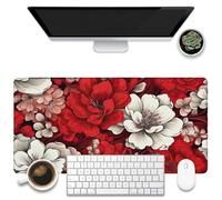 Lituor Gaming Mouse Pad Red White Flowers 800x400x3mm XXL Large Mouse Mat with Stitched Edges,Big Desk Pad with Non-Slip Base Keyboard Mousepad for Office & Home Computers, Laptop