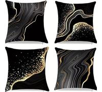 Lituor Set of 4 Gold Black Decorative Throw Pillow Covers 60x60 cm Fluid Velvet Cushion Covers Double-Sided Square Sofa Pillowcase for Outdoor Furniture Garden Living Room