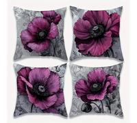 Lituor Set of 4 Purple Poppy Decorative Throw Pillow Covers 60x60 cm Flower Velvet Cushion Covers Double-Sided Square Sofa Pillowcase for Outdoor Furniture Garden Living Room