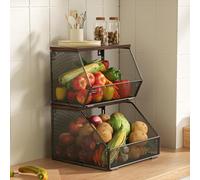 Litwaro Stackable Wire Fruit Baskets with Wood Lid, Wall Mounted Produce Organizer for Fruit, Vegetable, Onion & Potato Storage, 7.1"W & 11.1"W Countertop Kitchen Organizer