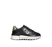 LIU JO BF5043 Amazing Black Women's Fashion Sneakers in Black Leather with Cubic Zirconia and Wedge, Black, 8 UK