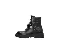 LIU JO Military Boots with Crystal Flowers, Black, Leather, Rubber Sole, Combat Style, Black/White, 5 UK