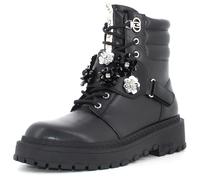 LIU JO Military Boots with Crystal Flowers, Black, Leather, Rubber Sole, Combat Style, Black/White, 6 UK