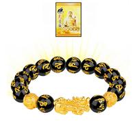 LIU JUN Feng Shui Bracelet, Fengshui Wealth And Luck Pixiu 14K Gold Plated Bracelet Black Obsidian Prosperity Buddha Beads Elastic Bracelets For Women Men Jewelry Gifts, L, Obsidian, no gemstone