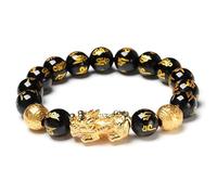 LIU JUN Fengshui Wealth And Luck Bracelet, Feng Shui Pixiu Black Obsidian Prosperity Buddha Beads Elastic Bracelets Wealthy For Women Men Jewelry Gifts, L, Stone, no gemstone