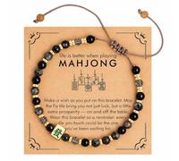 LIU JUN Mahjong Bracelet For Women, 4mm Natural Stone Beaded Adjustable Boho Chinese Style Charm Bracelets With Message Card Good Luck Wealth Jewelry Gift