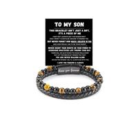 LIU JUN The Guardian - Son's Tiger Eye Protection Bracelet From Mom, Love You Forever Linked Together Leather Black Beaded Cuff Bangle Mens Birthday Weave Gift Jewelry, M, Leather Zinc, no gemstone