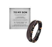 LIU JUN The Guardian - Son's Tiger Eye Protection Bracelet From Mom, Love You Forever Linked Together Leather Black Beaded Cuff Bangle Mens Birthday Weave Gift Jewelry, M, Leather Zinc, no gemstone