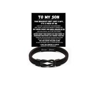 LIU JUN To My Son - Never Walk Alone Braided Bracelet, Mens Layers Braided Leather Cuff with Love You Forever Engraved Stainless Steel Clasp From Mom Dad Birthday Motivational Meaningful Gift Jewelry