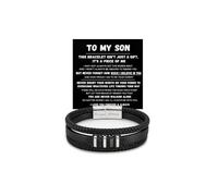 LIU JUN To My Son - Never Walk Alone Braided Bracelet, Mens Layers Braided Leather Cuff with Love You Forever Engraved Stainless Steel Clasp From Mom Dad Birthday Motivational Meaningful Gift Jewelry